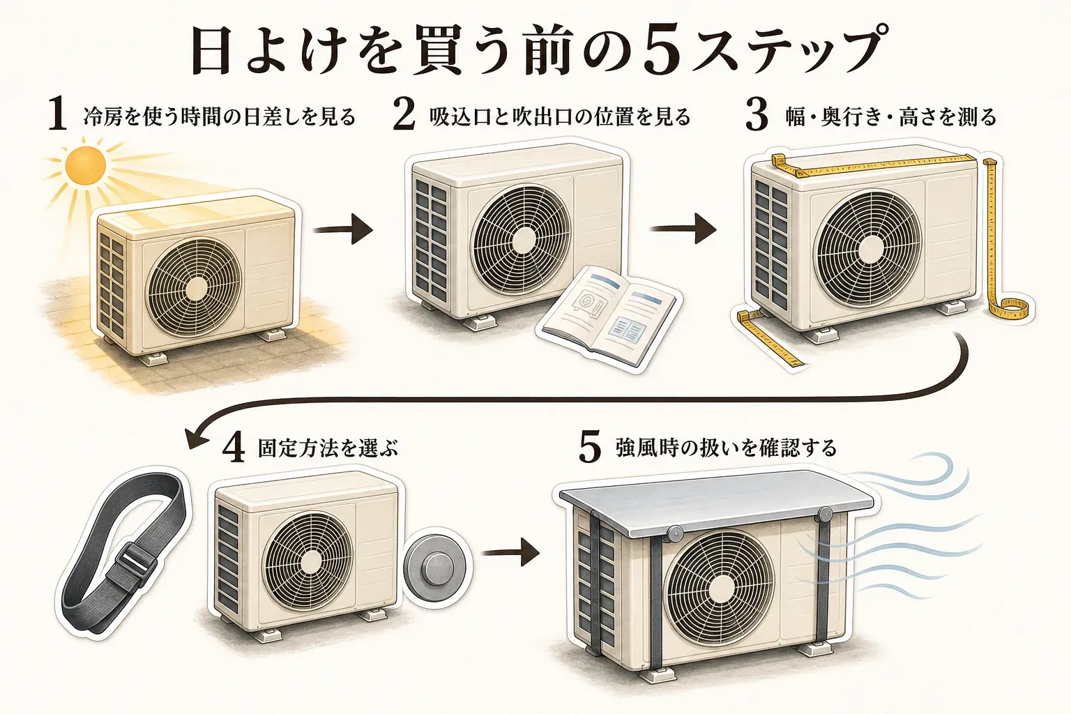 室外機の日よけを購入する前に確認する、日差し、吸込口と吹出口、室外機の寸法、固定方法、強風時の扱いの5項目をまとめた図