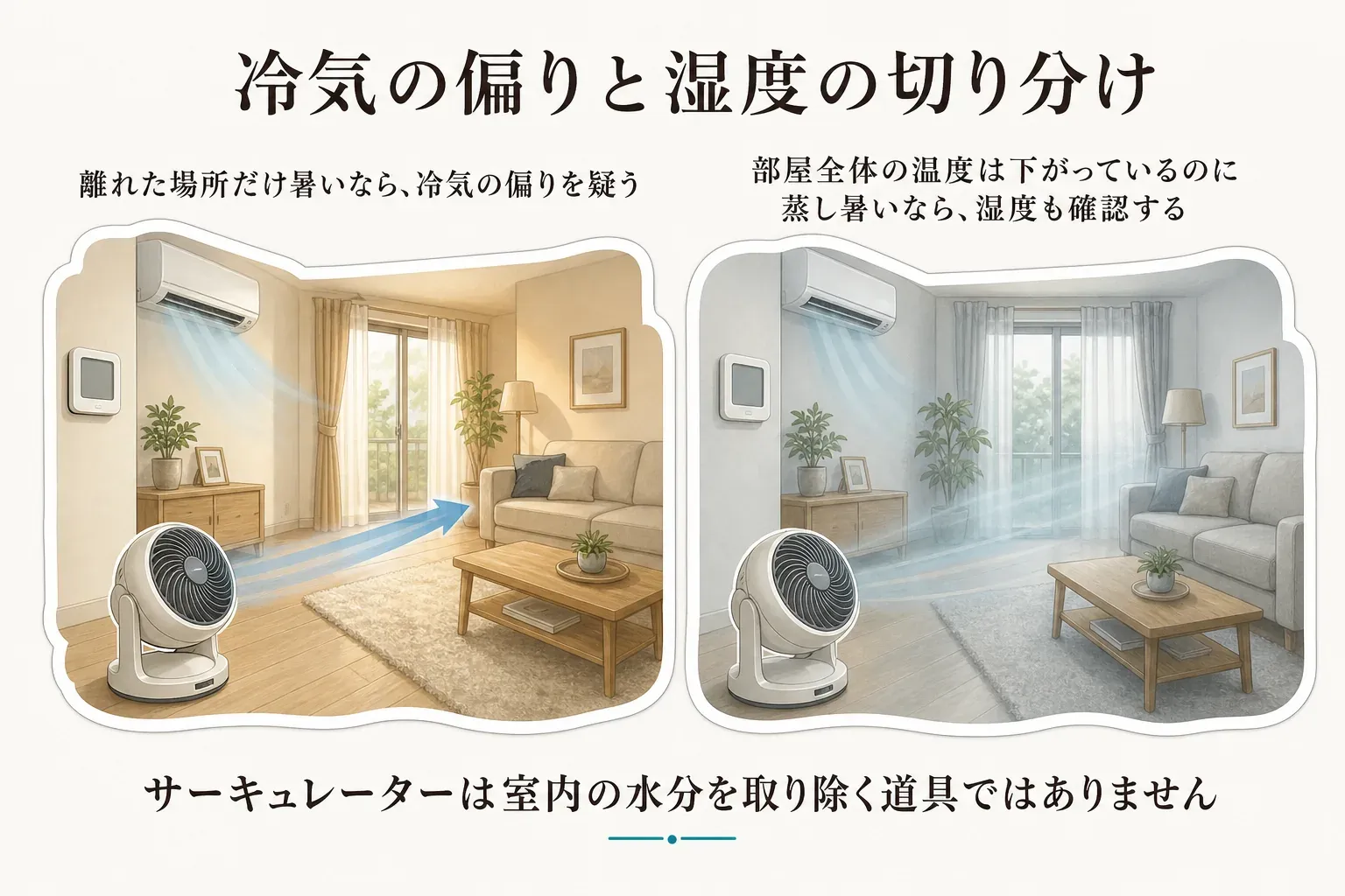 エアコンの近くは涼しく離れた場所だけ暑い冷気の偏りと、部屋全体がじめじめする高湿度を温湿度計で見分ける考え方を示した図（出典：環境省の熱中症予防情報を基に作成）