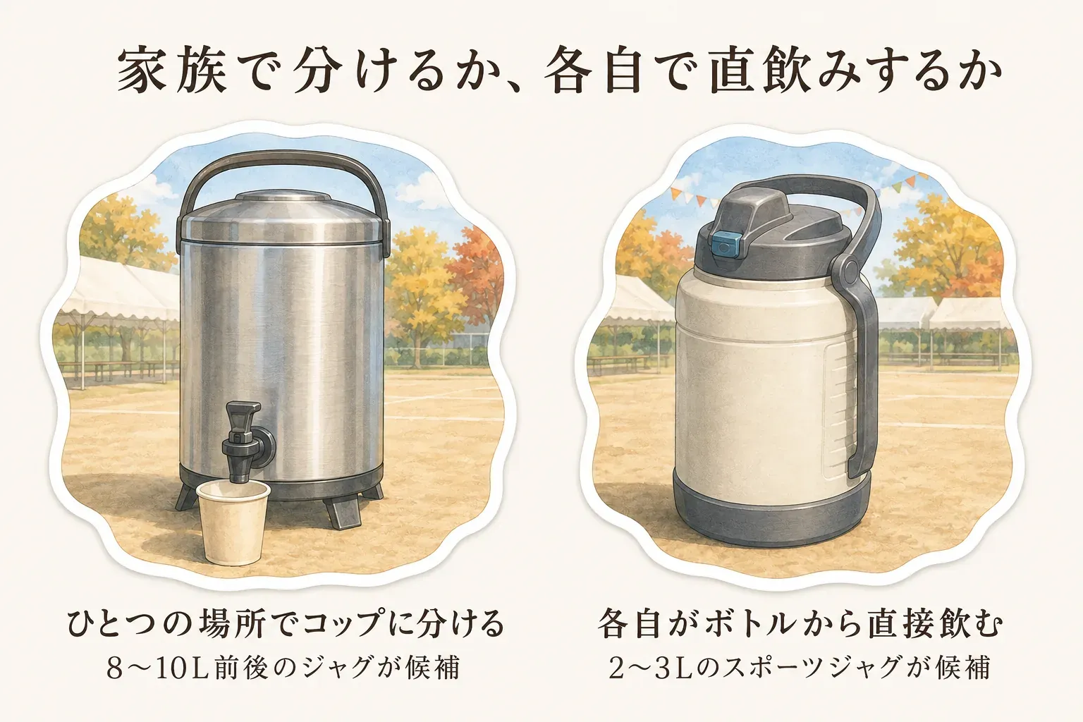秋の運動会での飲み方を、左は蛇口付きジャグからコップへ分ける「ひとつの場所でコップに分ける・8〜10L前後のジャグが候補」、右はスポーツジャグを直接飲む「各自がボトルから直接飲む・2〜3Lのスポーツジャグが候補」と対比した図