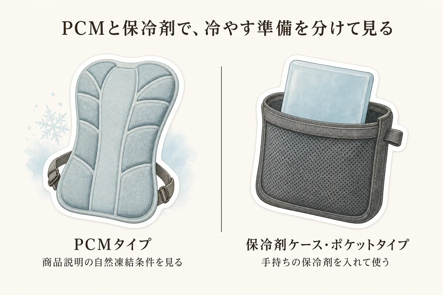 PCMタイプは商品説明の自然凍結条件を確認して使い、保冷剤ケース・ポケットタイプは手持ちの保冷剤を入れて使うという、リュック用背中冷感パッドの冷やし方と準備の違いを示す図
