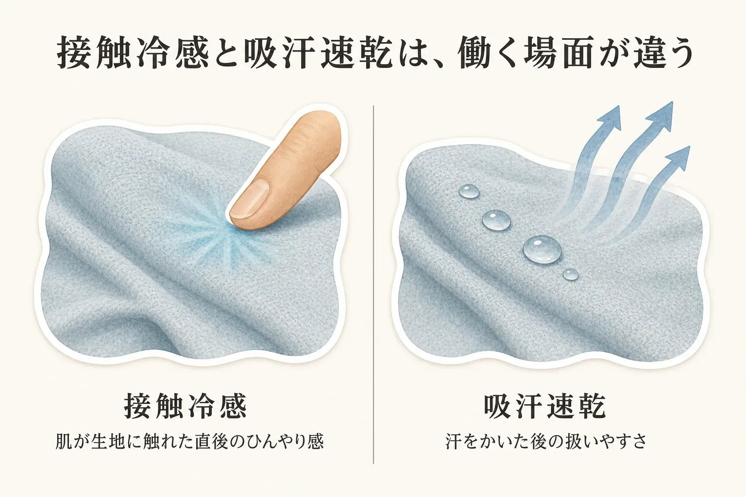 接触冷感は肌が生地に触れた直後のひんやり感、吸汗速乾は汗をかいた後の扱いやすさに関わることを、生地・指先と汗のしずく・上向きの矢印で対比した図