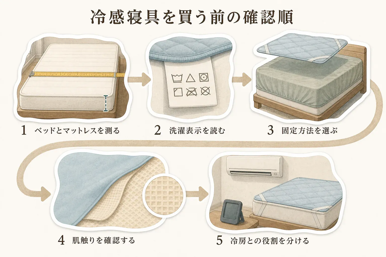 冷感寝具を買う前に、ベッドとマットレスを測る、洗濯表示を読む、固定方法を選ぶ、肌触りを確認する、冷房との役割を分ける、の5つを順に確認する図