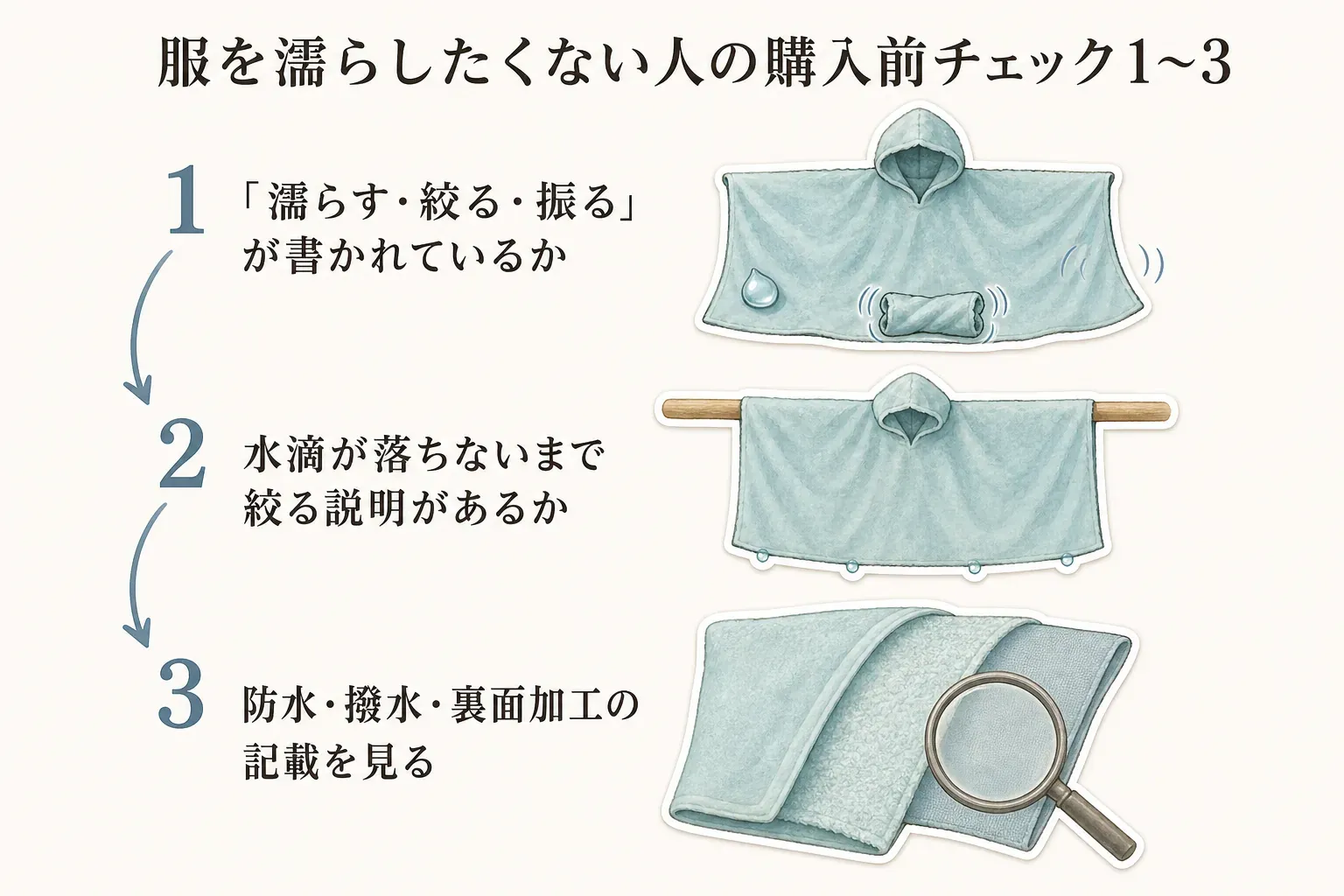 服を濡らしたくない人が購入前に確認する1〜3の項目を示す図。「濡らす・絞る・振る」の手順、水滴が落ちないまで絞る説明、防水・撥水・裏面加工の記載を確認する