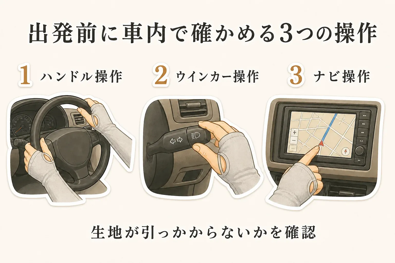 出発前に車内で確認する3つの操作を示す図。アームカバーを着けてハンドル、ウインカー、ナビを操作し、生地が引っかからないかを確認する