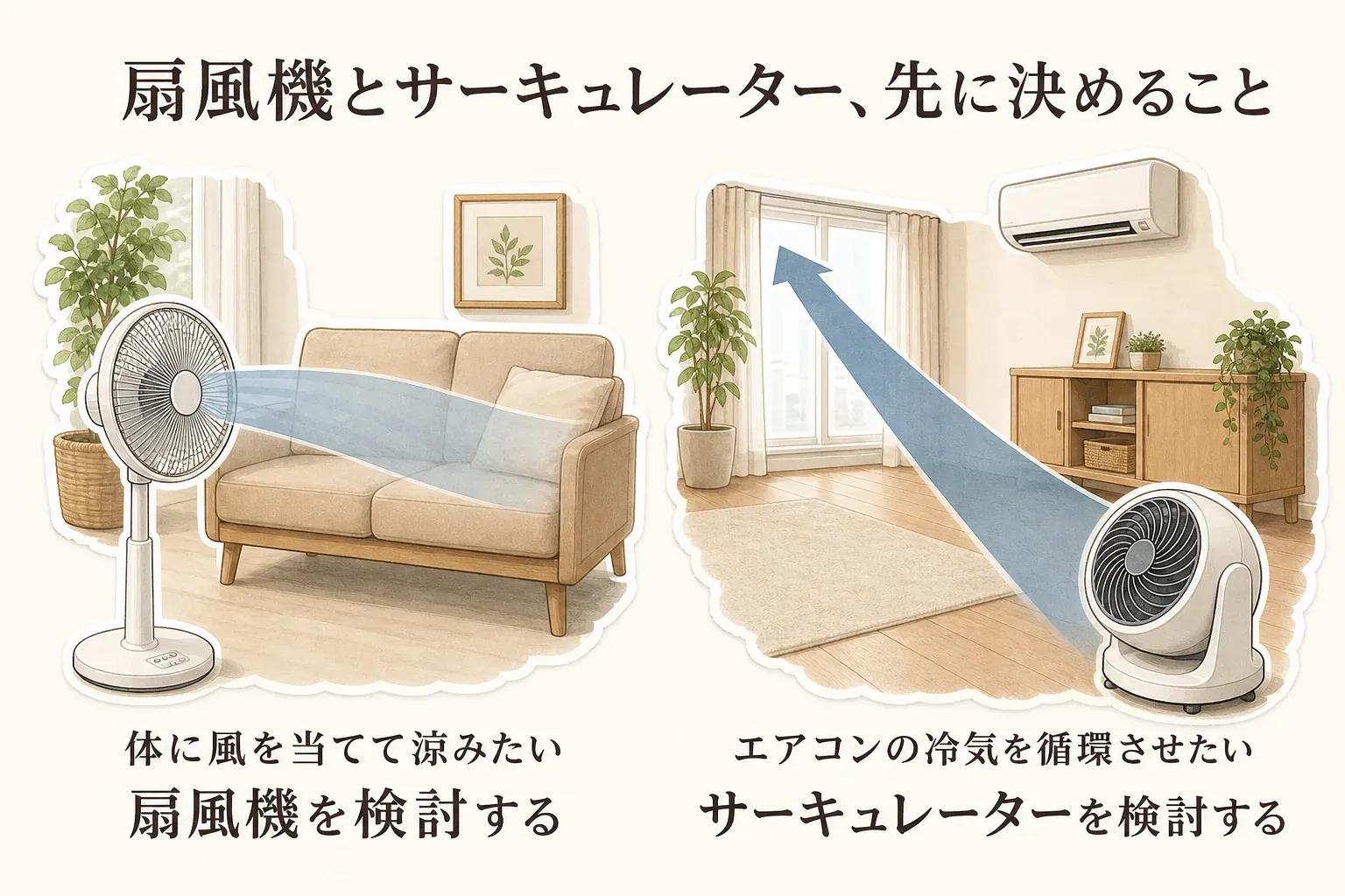 扇風機はソファにいる人へ広い風を送り、サーキュレーターはエアコンのある部屋で冷気を循環させる、用途ごとの選び方を示した図