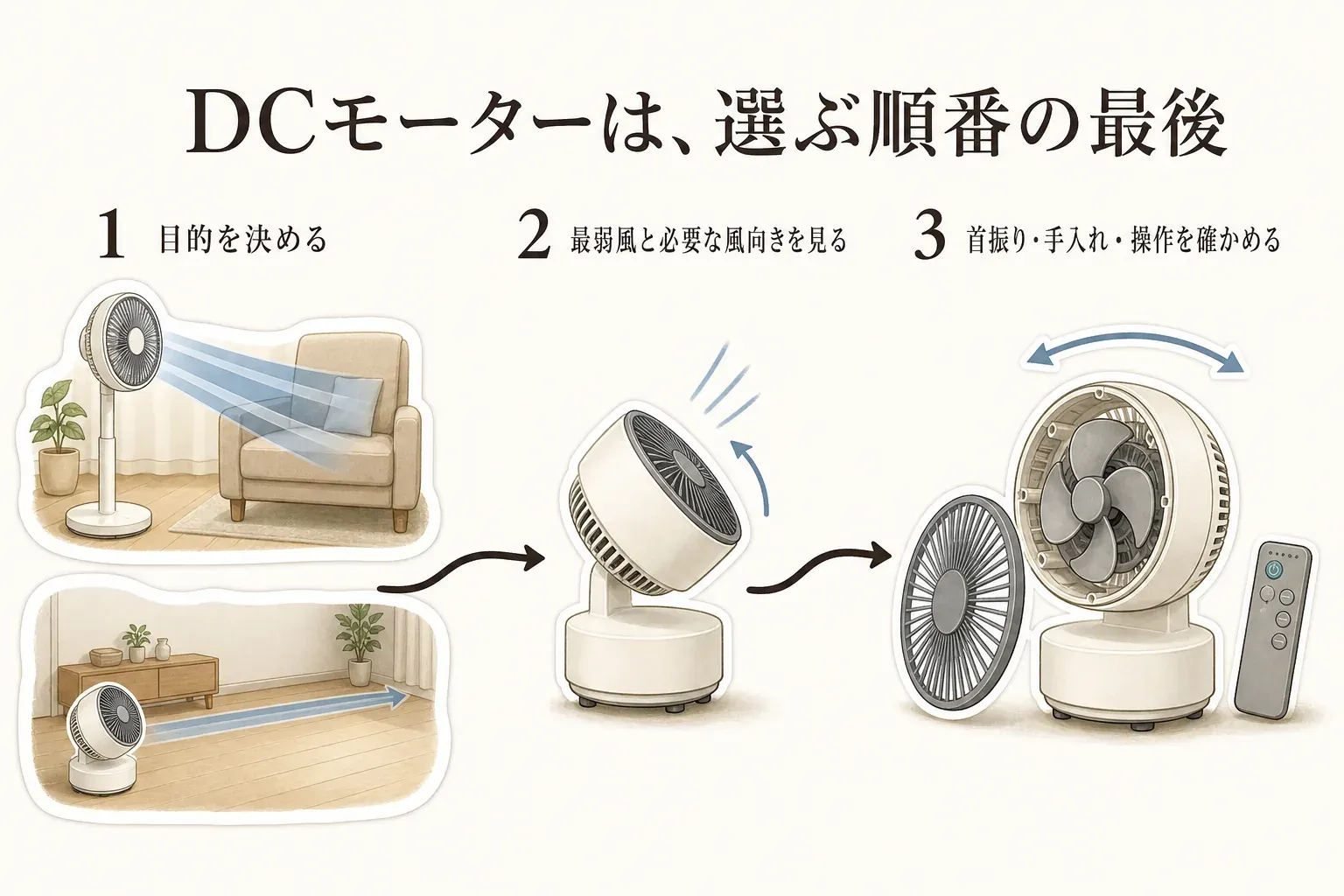 DCモーターは選ぶ順番の最後とし、1番目に目的、2番目に最弱風と必要な風向き、3番目に首振り・手入れ・操作を確認する流れを示した図