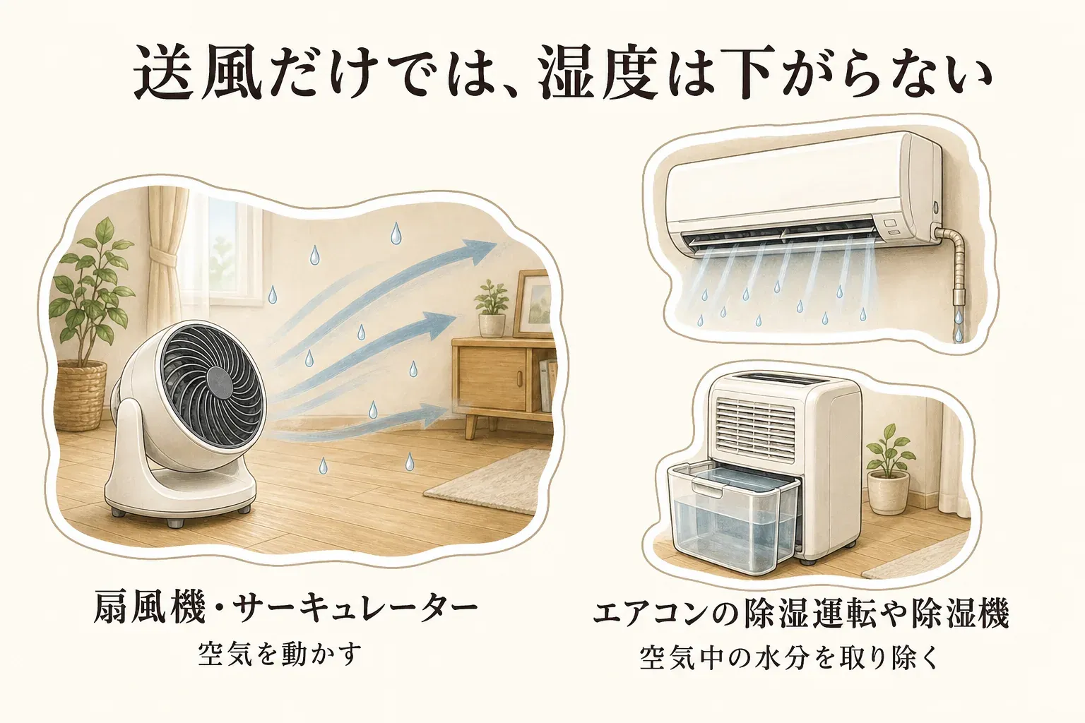 扇風機・サーキュレーターは空気を動かすだけで湿度は下がらず、空気中の水分を取り除くにはエアコンの除湿運転または除湿機を使う役割分担を示した図