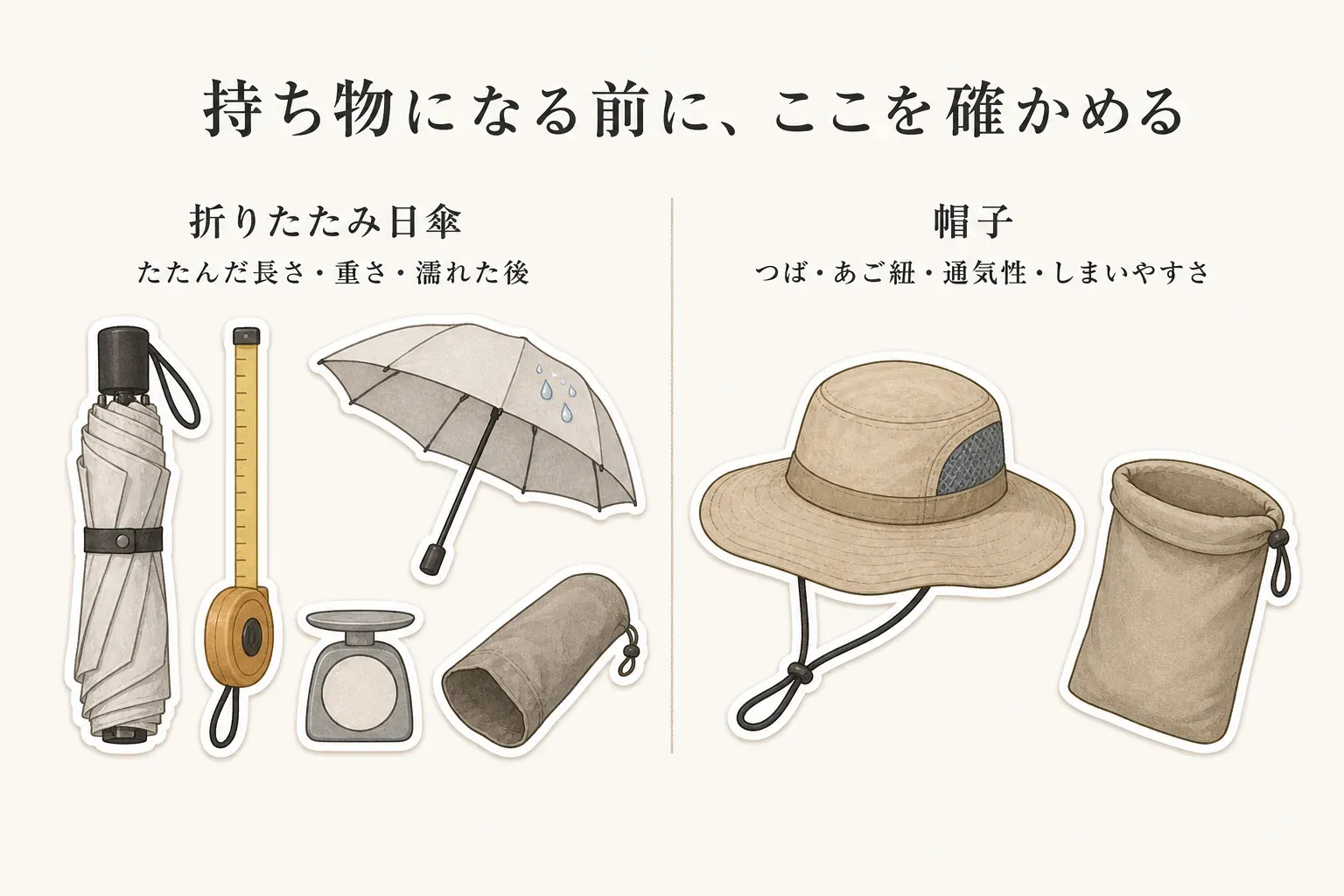 持ち物になる前に確認する項目として、折りたたみ日傘はたたんだ長さ・重さ・濡れた後、帽子はつば・あご紐・通気性・しまいやすさを、折りたたみ傘、メジャー、はかり、収納袋、帽子のイラストで示す図