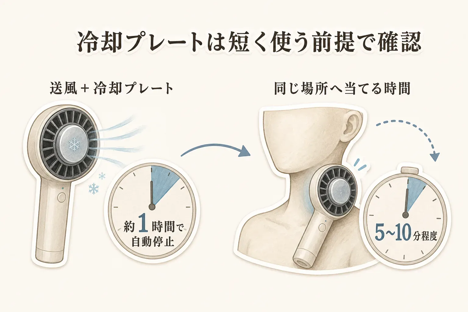 冷却プレート付きハンディファンは、送風と冷却の併用時の連続使用時間を確認し、首筋・手首・手のひらなど商品説明で案内された部位へ、同じ箇所に長時間当て続けないよう短時間で使うことを示す図