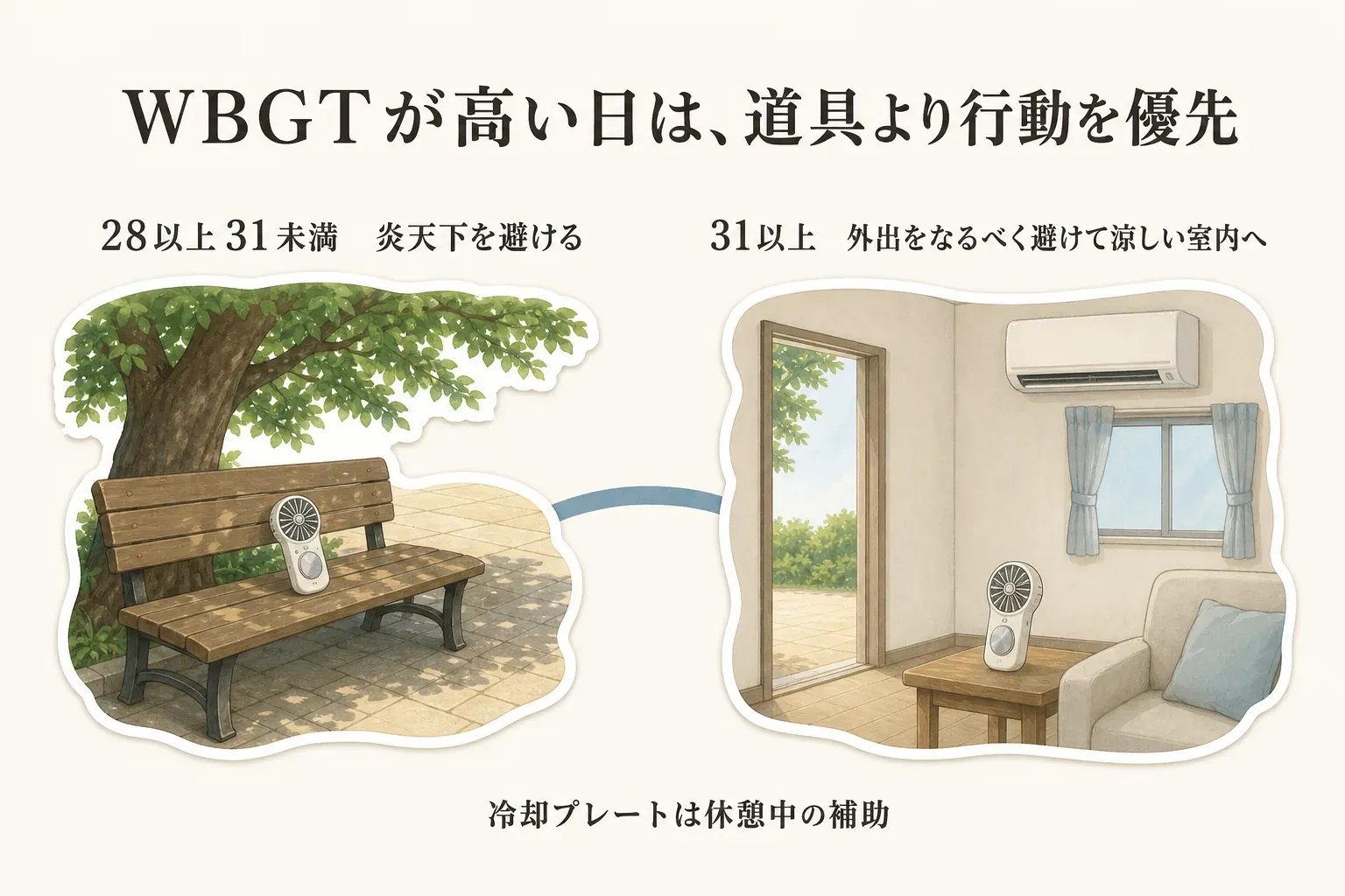 暑さ指数（WBGT）が31以上の危険では外出をなるべく避けて涼しい室内へ移動し、28以上31未満の厳重警戒では炎天下を避けることを優先し、ハンディファンや冷却プレートは休憩中の補助として使うことを示す図。出典：環境省「暑さ指数（WBGT）について」