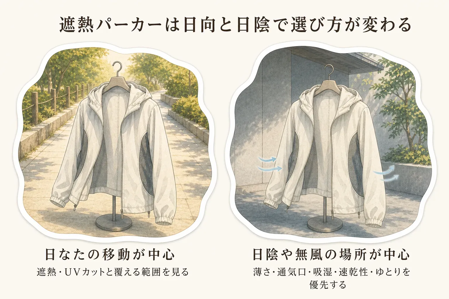 直射日光を受ける日なたでは遮熱・UVカットと覆える範囲を、日陰や無風の場所では薄さ・通気口・吸湿速乾性・ゆとりを優先する判断を対比した図