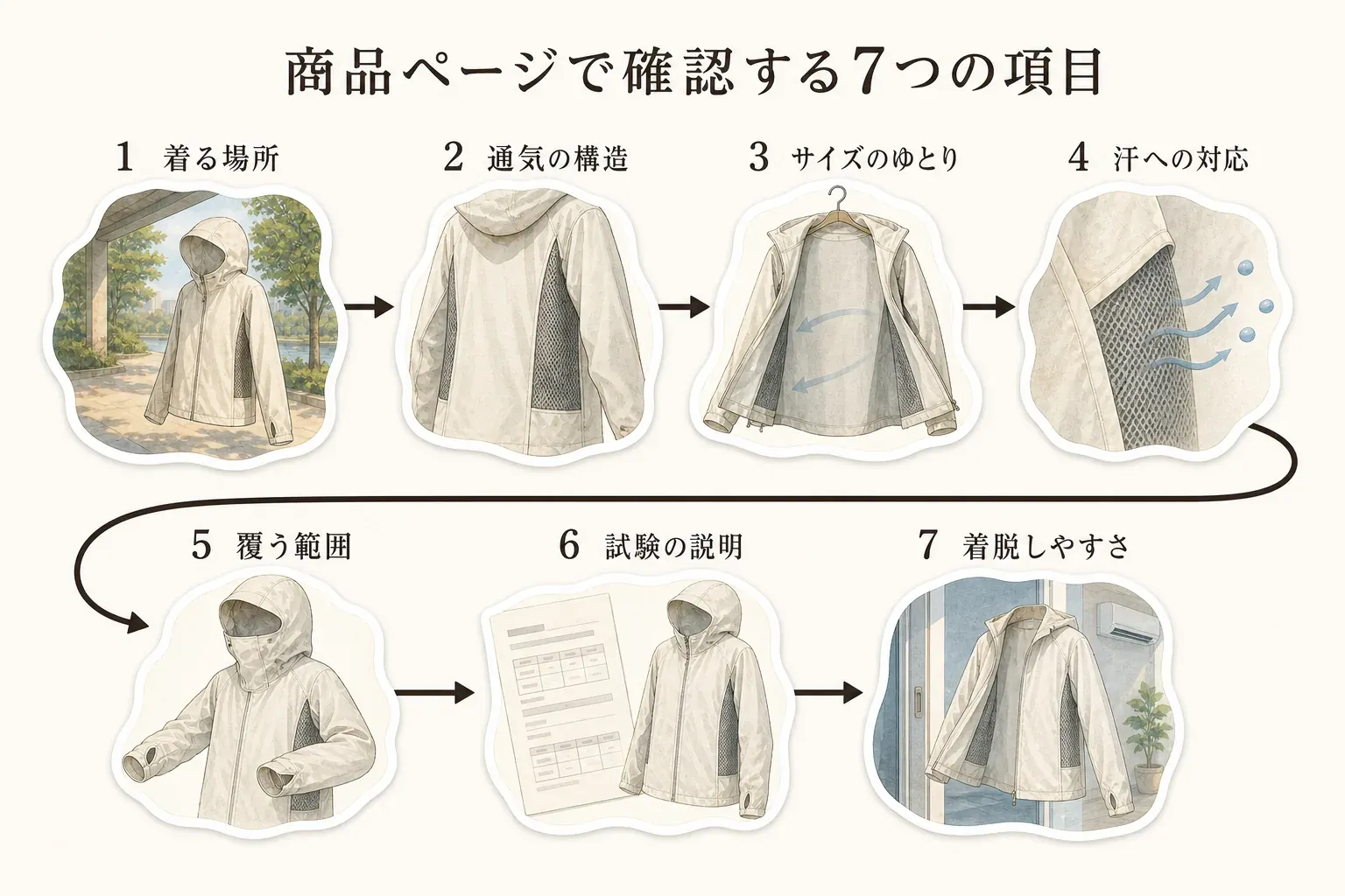 夏の遮熱パーカーを購入する前に確認する、着る場所、通気の構造、サイズのゆとり、汗への対応、覆う範囲、試験の説明、着脱しやすさの7項目をまとめた図