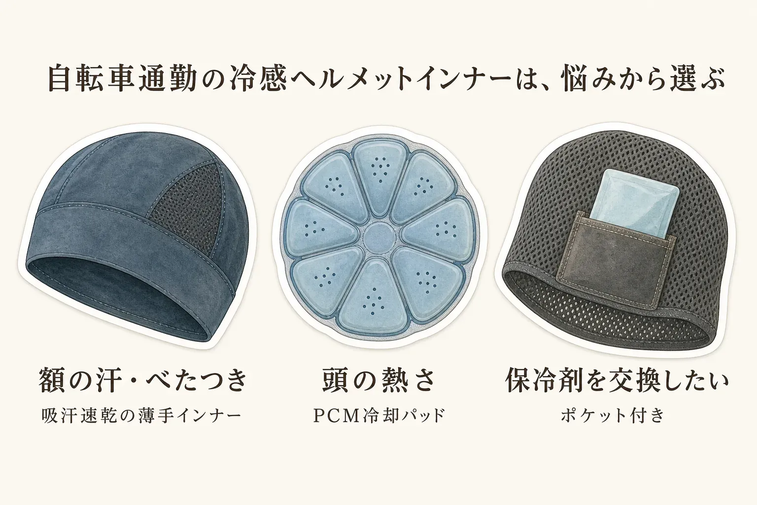 自転車通勤の冷感ヘルメットインナーを、額の汗・べたつきには吸汗速乾の薄手インナー、頭の熱さにはPCM冷却パッド、保冷剤を交換したい場合にはポケット付きの3タイプから選ぶことを示す図