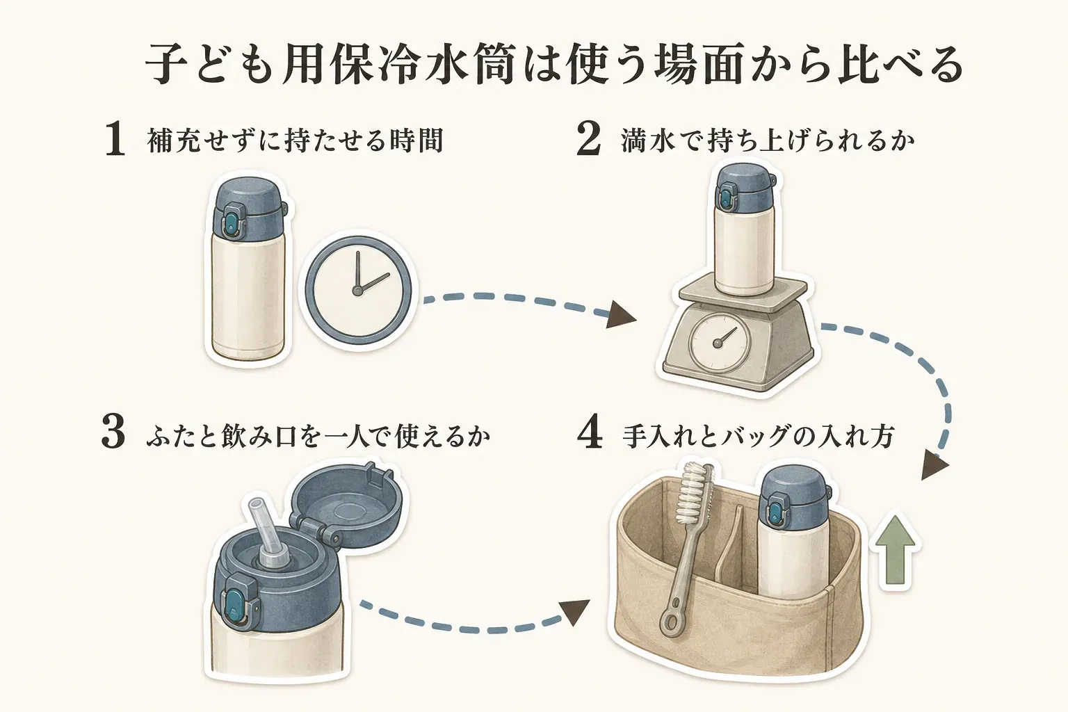 子ども用保冷水筒を選ぶ順番として、補充せずに持たせる時間、満水で持ち上げられるか、ふたと飲み口を一人で使えるか、手入れとバッグへの入れ方を確認する4項目を示す図