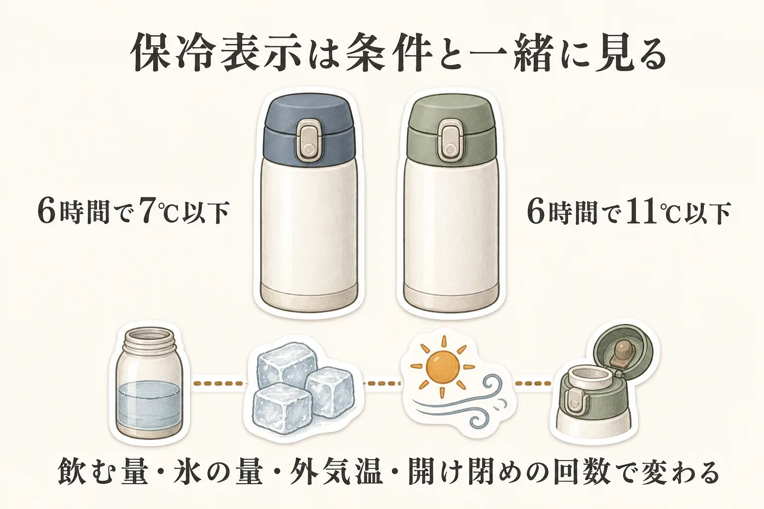 保冷表示は条件と一緒に見ることを示し、「6時間で7℃以下」と「6時間で11℃以下」の例と、飲む量・氷の量・外気温・開け閉めの回数で変わることを描いた図