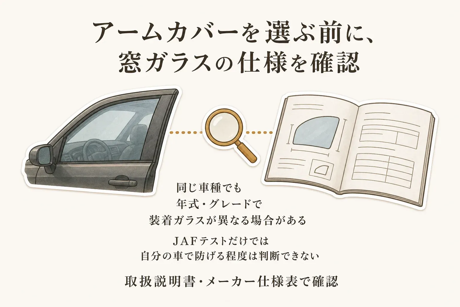 車の窓、虫眼鏡、取扱説明書を示し、同じ車種でも年式・グレードによって装着ガラスが異なる場合があるため、アームカバーを選ぶ前に取扱説明書やメーカー仕様表で窓ガラスの仕様を確認するよう伝える図（出典：JAF「クルマに乗っていれば、日焼けしない？」）