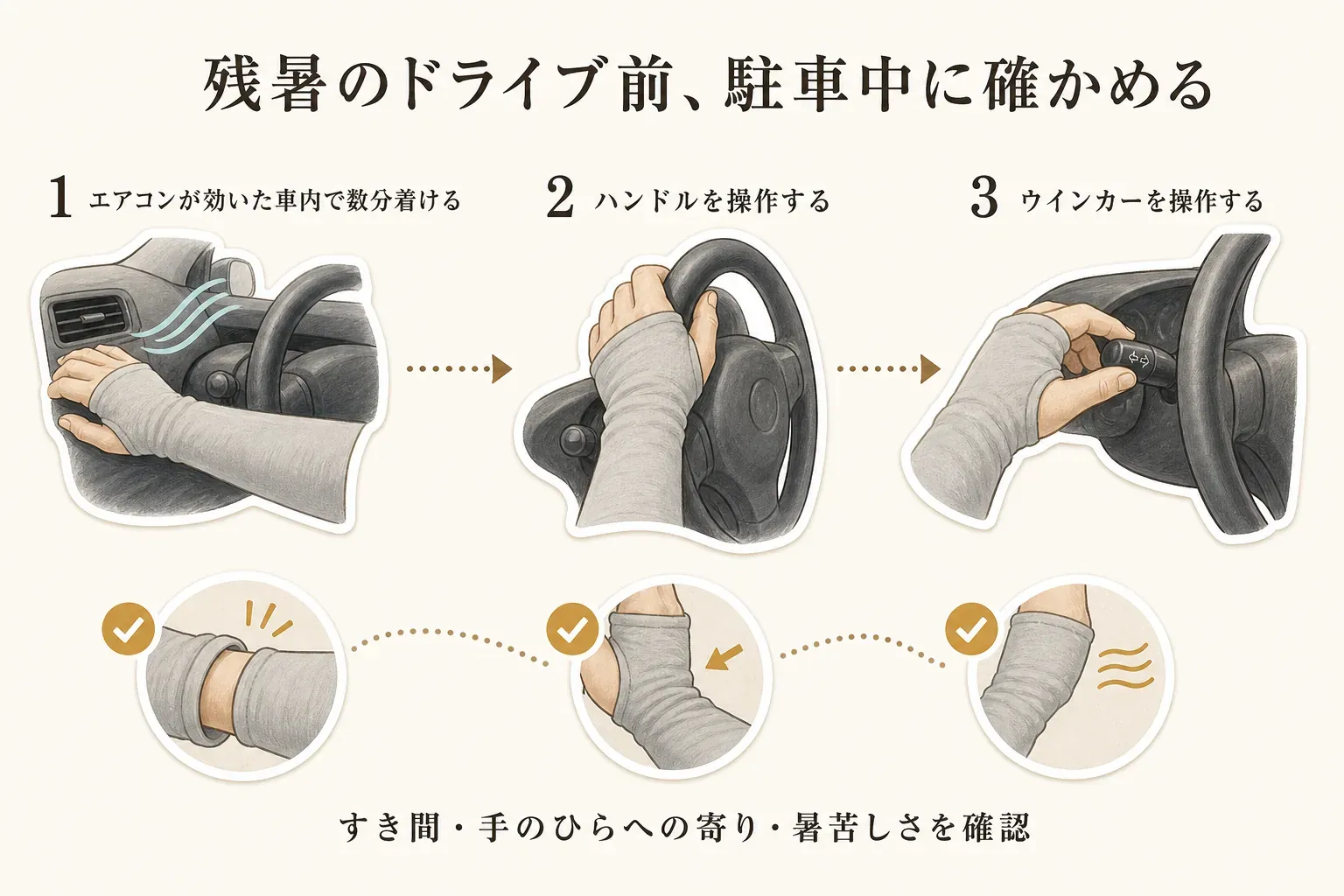 残暑のドライブ前に、エアコンが効いた駐車中の車内でアームカバーを数分着け、ハンドルとウインカーを操作して、袖口のすき間、手のひらへの生地の寄り、暑苦しさを確認する3段階の図