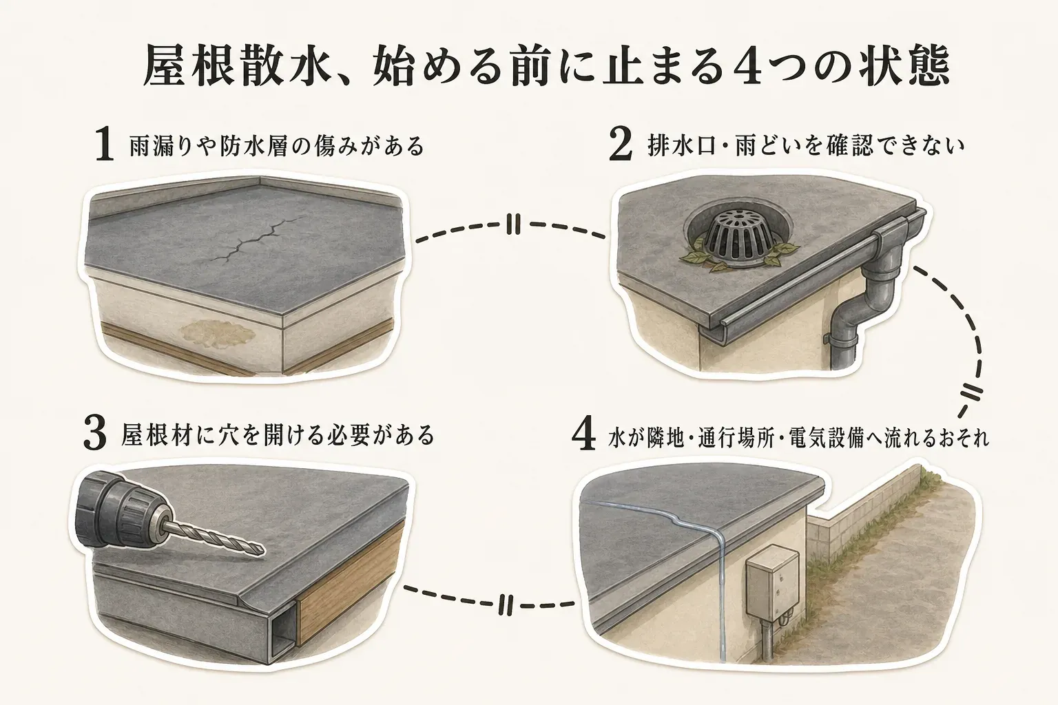 屋根散水を始める前に止めるべき状態を示す図。屋根の防水・排水の状態を確認できない場合、接続部の水漏れや散水量を地上で試せない場合は、散水器を屋根へ設置しないことを案内している。出典：農研機構、国土交通省