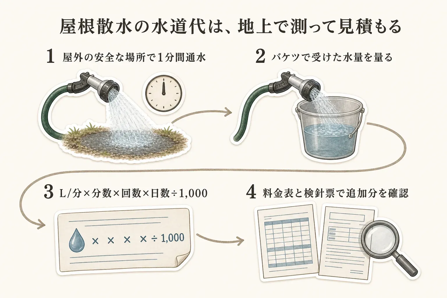 屋根散水の水道代を地上で見積もる4手順を示す図。屋外の安全な場所で1分間通水し、バケツなどで水量を量り、1分当たりのL×散水分数×1日の回数×日数÷1,000で追加使用量をm³に換算し、自治体の水道・下水道料金表と検針票で追加料金を確認する。出典：福岡市