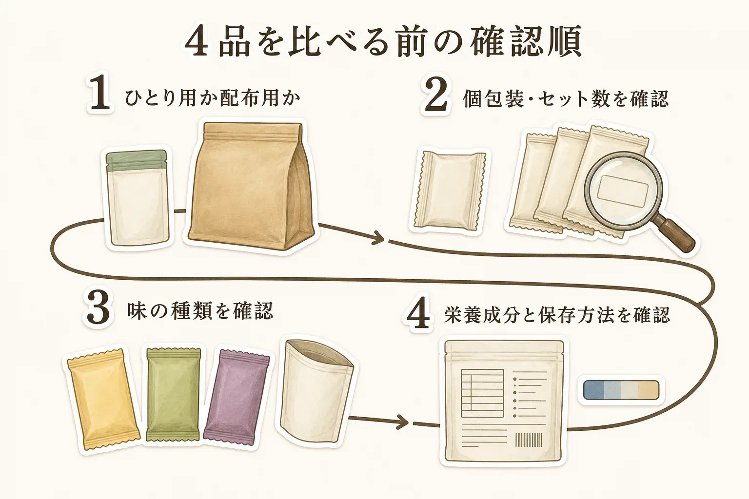 塩分補給タブレット・塩飴4品を比べる前の確認順を示す図。ひとり用か配布用か、個包装・セット数、味の種類、栄養成分と保存方法の順に確認する