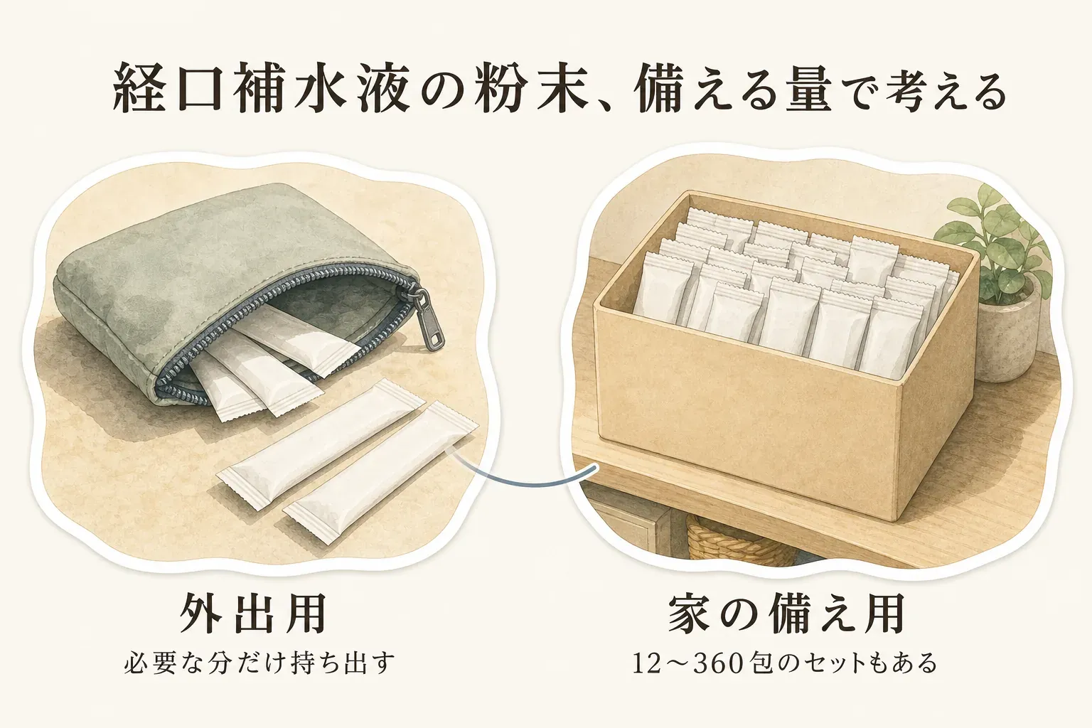 経口補水液の粉末は、外出用には必要な分だけ個包装スティックを持ち出し、家の備え用には12〜360包のスティックセットを選ぶ考え方を示す図