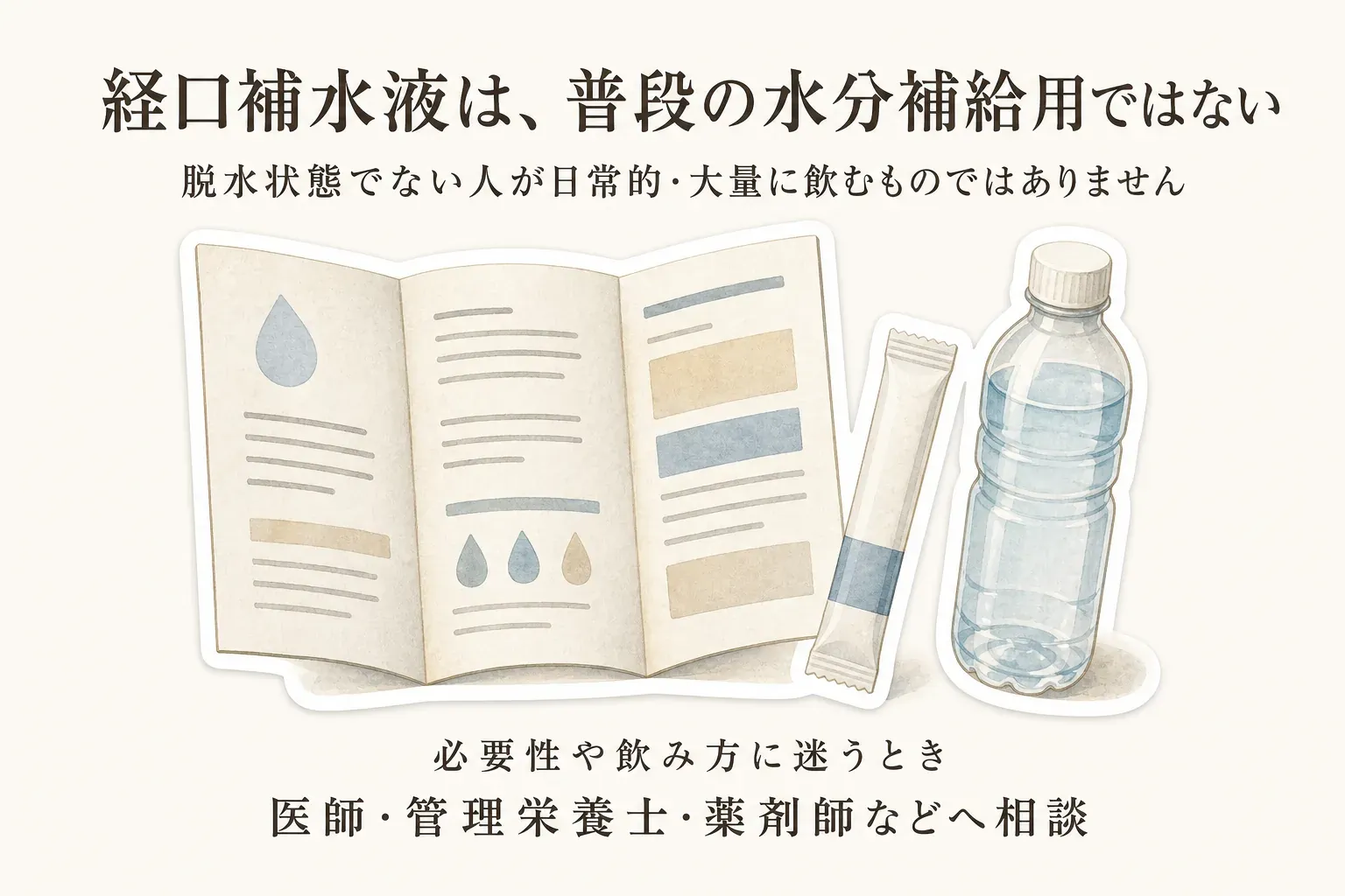 経口補水液は普段の水分補給用ではなく、脱水状態でない人が日常的・大量に飲むものではないこと、必要性や飲み方に迷うときは医師・管理栄養士・薬剤師などへ相談することを示す図。出典：消費者庁「経口補水液について」