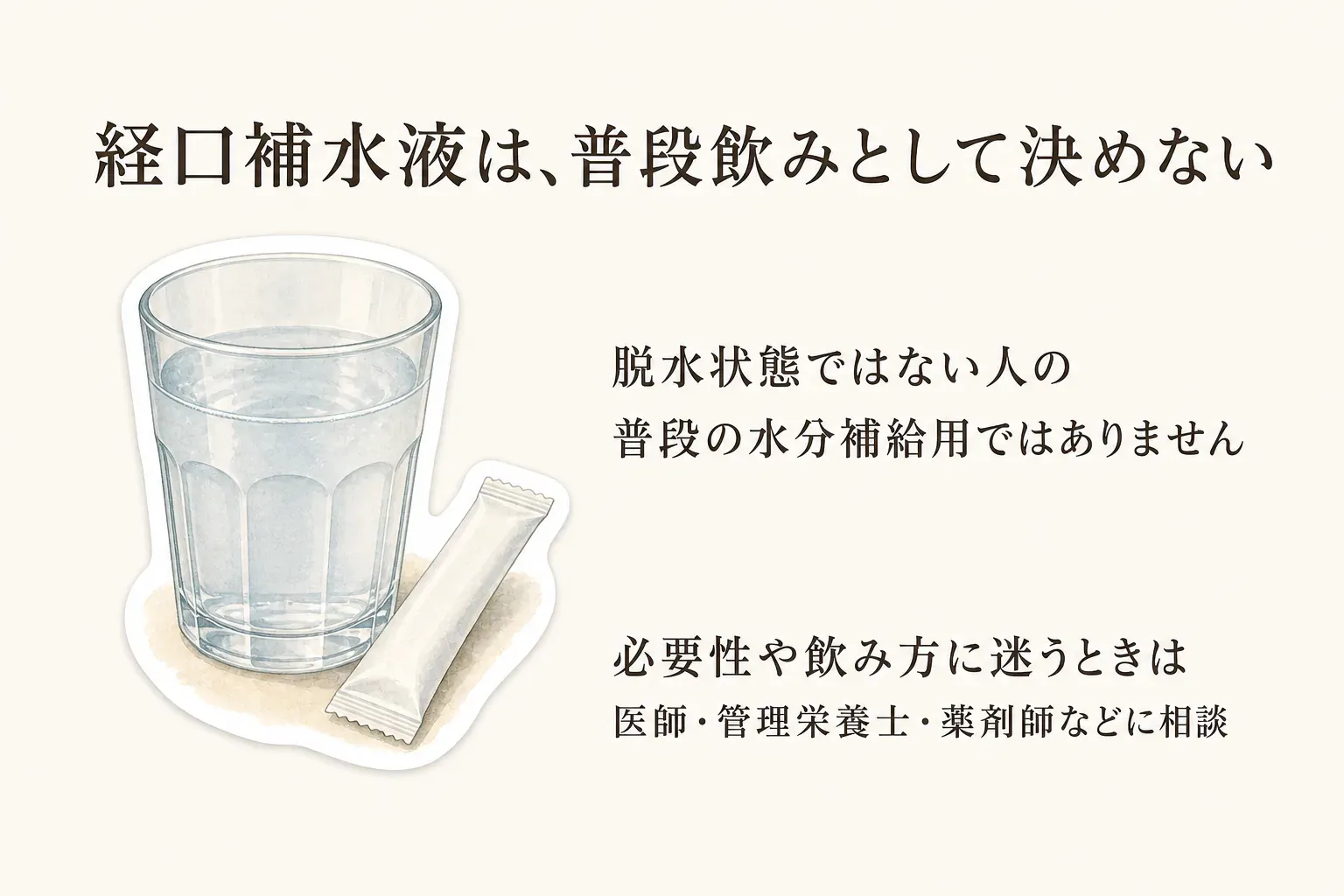 経口補水液を普段飲みとして決めず、脱水状態でない人の普段の水分補給用ではないこと、必要性や飲み方に迷うときは医師・管理栄養士・薬剤師などへ相談することを示す図。出典：消費者庁「経口補水液について」