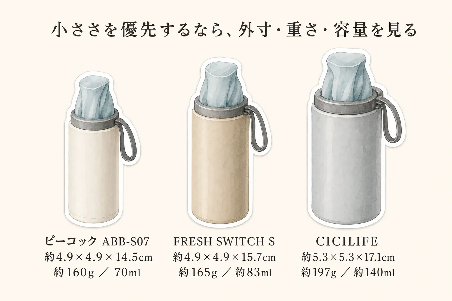 小ささを優先する携帯氷のうの比較図。ピーコック ABB-S07は約4.9×4.9×14.5cm・約160g・70ml、FRESH SWITCH Sは約4.9×4.9×15.7cm・約165g・約83ml、CICILIFEは約5.3×5.3×17.1cm・約197g・約140mlと示している