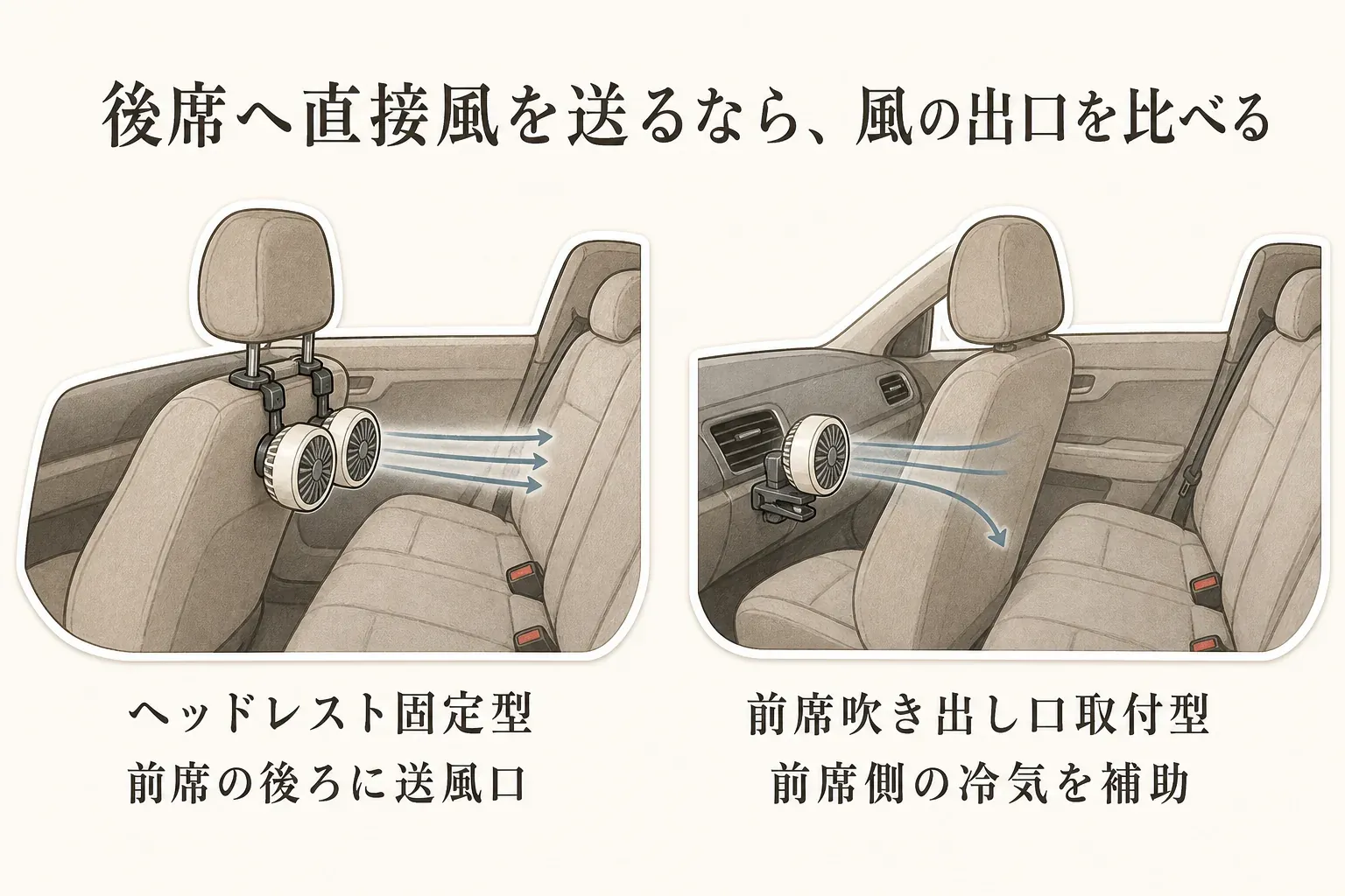 後席へ直接風を送るヘッドレスト固定型は前席の後ろに送風口を置き、前席吹き出し口取付型は前席側の冷気を補助する位置から送風するという、風の出口の違いを示した図