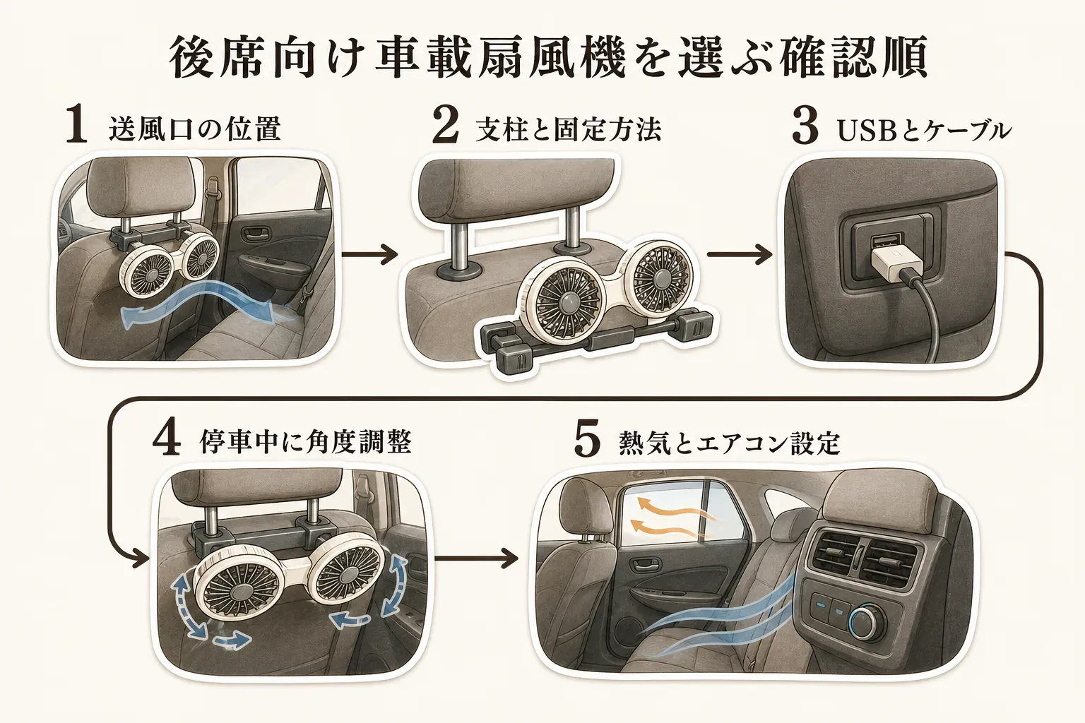 後席向け車載扇風機を選ぶ確認順として、送風口の位置、ヘッドレスト支柱と固定方法、USB給電口とケーブル、停車中の風向き調整、車内の熱気とエアコン設定の5項目を順に示した図