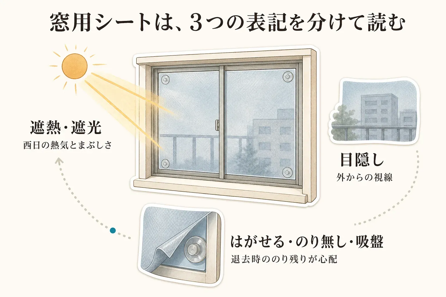 窓用シートは、遮熱・遮光で西日の熱気とまぶしさを抑える表記、目隠しで外からの視線を遮る表記、はがせる・のり無し・吸盤で退去時ののり残りを確認する表記の3つに分けて読むことを示す図