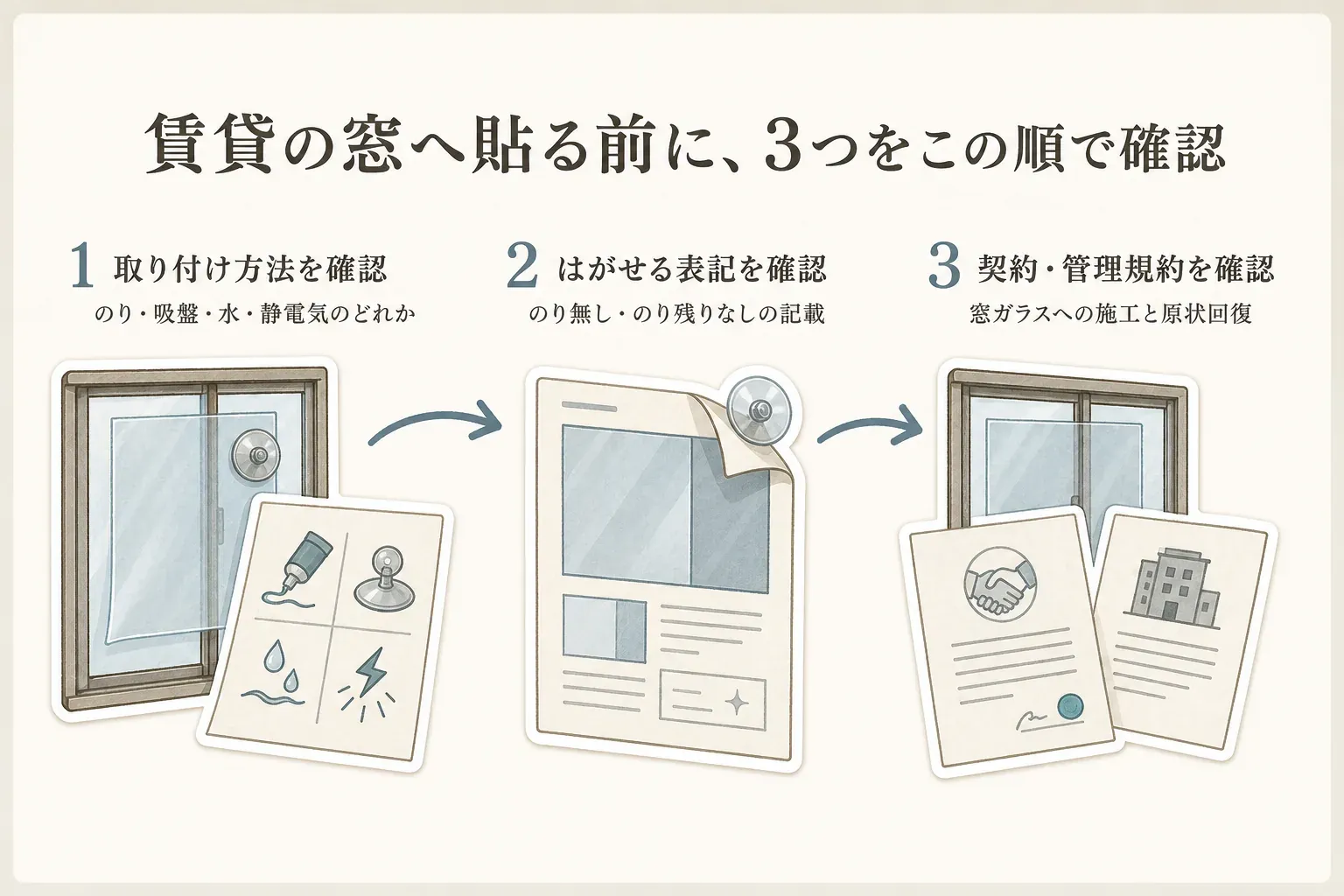賃貸の窓へシートを貼る前に、のり・吸盤・水・静電気のどれで取り付けるか、はがせる・のり無し・のり残りなしの表記があるか、窓ガラスへの施工と原状回復に関する契約・管理規約を確認する3つの手順を示す図