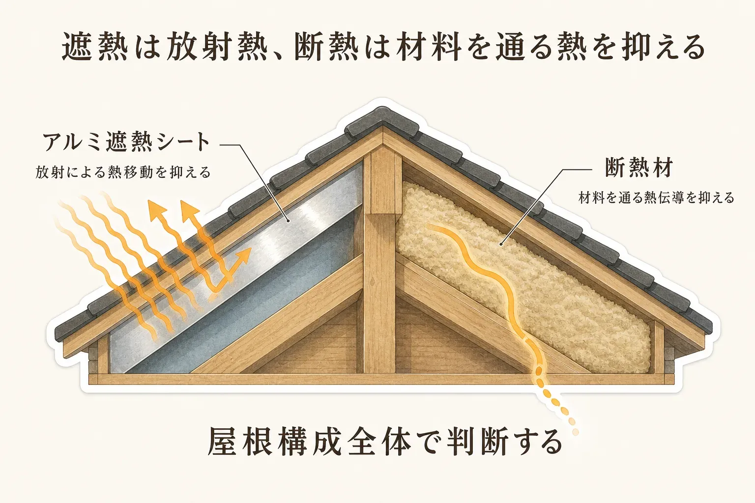 遮熱シートは屋根からの放射熱を反射して抑え、断熱材は材料を通る熱伝導を抑えるという、役割と確認すべき施工条件の違いを対比した図