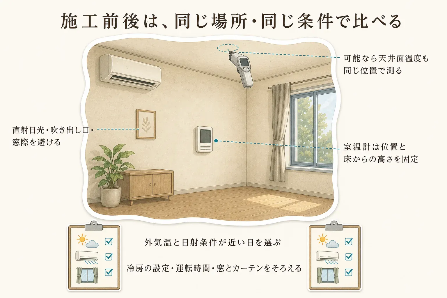 屋根用遮熱シートの施工前後を比較する際、室温計を直射日光・エアコンの吹き出し口・窓際から避けて同じ高さと位置に置き、外気温、日射、エアコン設定、運転時間、窓やカーテンの状態をそろえて記録する測定条件の図