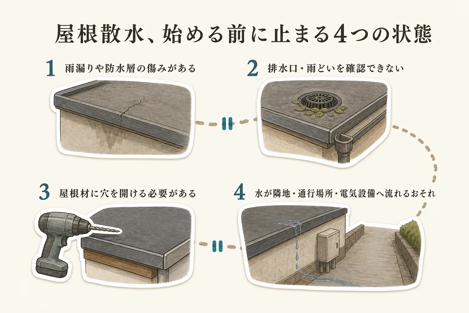 屋根散水を始める前に止める4つの状態を示す図。雨漏りや防水層の傷み、排水口・雨どいを確認できない状態、屋根材に穴を開ける必要がある状態、水が隣地・通行場所・電気設備へ流れるおそれがある状態