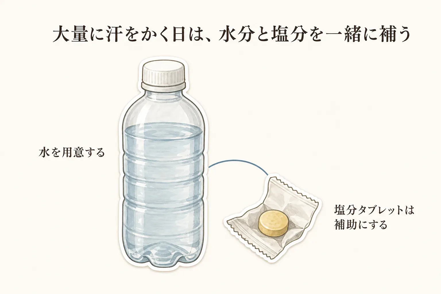 大量に汗をかく屋外作業・長時間の屋外活動・運動では、水だけでなく水分と塩分を一緒に補う準備をし、塩分タブレットは水分補給の代わりではなく補助として使うことを示す図。出典：厚生労働省「働く人の今すぐ使える熱中症ガイド」
