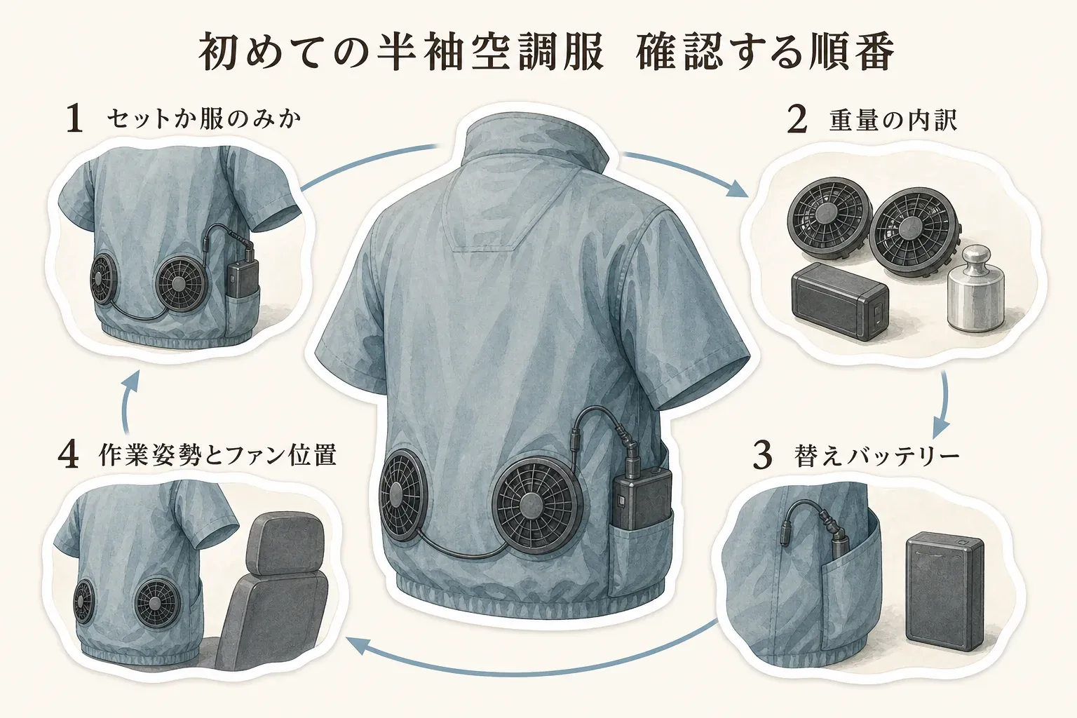 初めての半袖空調服を選ぶ際に、1. セットか服のみか、2. 重量の内訳、3. 替えバッテリー、4. 作業姿勢とファン位置の順に確認する流れを、ファンとバッテリーを装着した半袖空調服のイラストで示す図