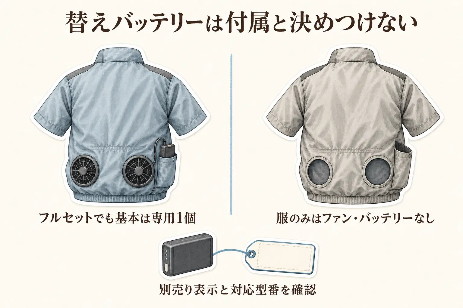 ファンとバッテリーが付くフルセットでも専用バッテリーは基本的に1個で、服のみの商品にはファンとバッテリーが付属せず、替えバッテリーは別売り表示と対応型番を確認することを示す図