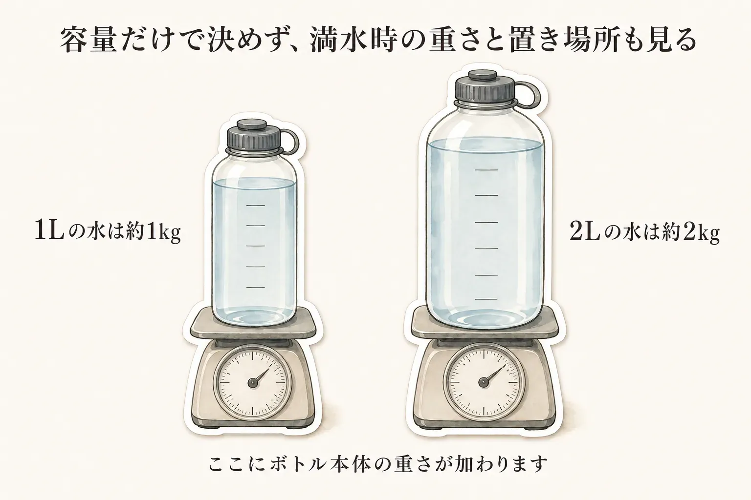 1Lの水は約1kg、2Lの水は約2kgで、どちらにもボトル本体の重さが加わるため、容量だけでなく満水時の重さと置き場所を見ることを示す図