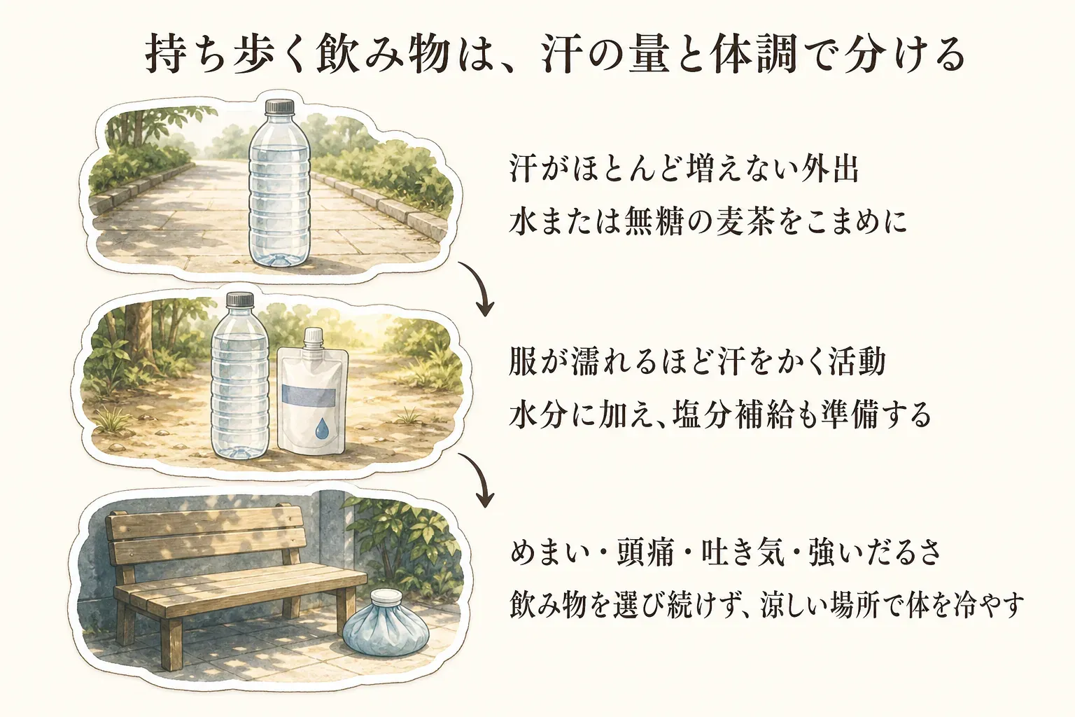 汗がほとんど増えない外出では水または無糖の麦茶をこまめに飲み、服が濡れるほど汗をかく活動では水分に加えて塩分補給も準備し、めまい・頭痛・吐き気・強いだるさがあるときは飲み物を選び続けず涼しい場所で体を冷やすという3段階を示す図
