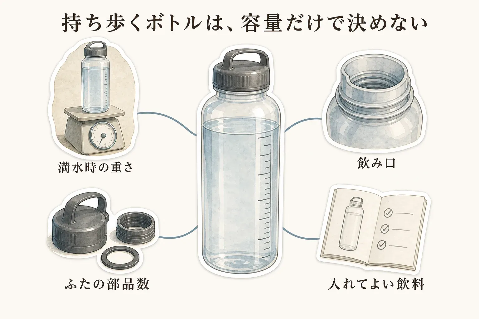 持ち歩くボトルを容量だけで決めず、満水時の重さ、飲み口、ふたの部品数、入れてよい飲料の4点を確認することを示す図