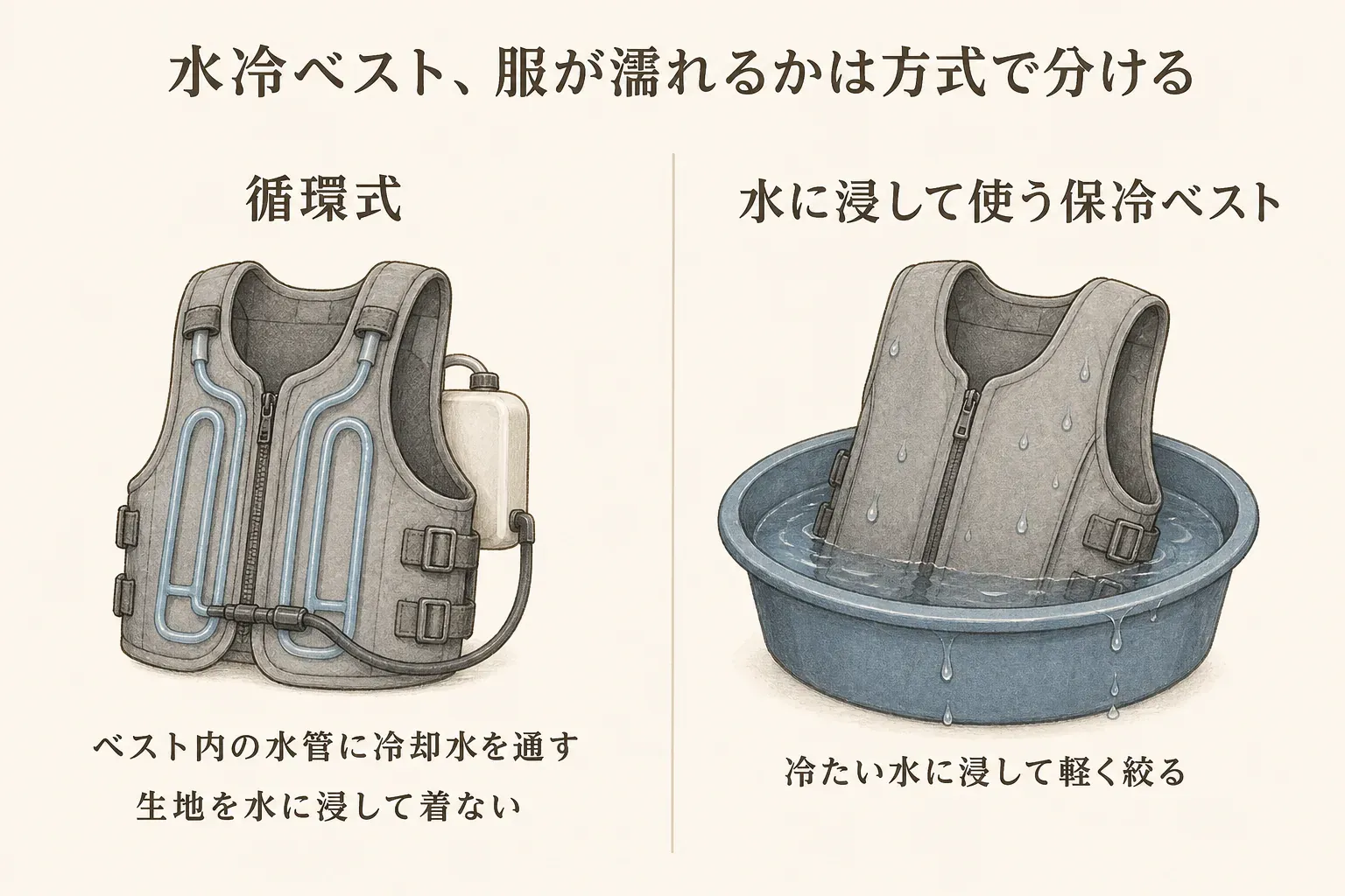 水冷ベストで服が濡れるかを方式別に比較した図。循環式はタンクとベスト内の水管に冷却水を通し、生地を水に浸して着ない。水に浸して使う保冷ベストは冷たい水に浸して軽く絞り、水を含ませて着用する
