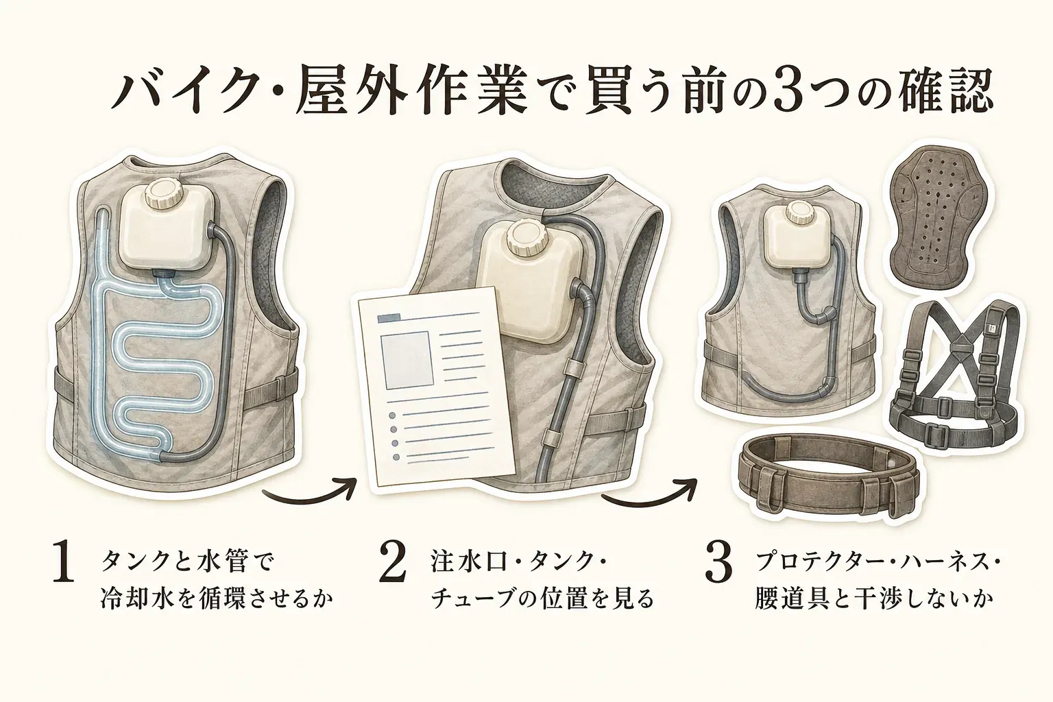 バイク・屋外作業用の水冷ベストを買う前の3つの確認を示した図。タンクと水管で冷却水を循環させる方式か、注水口・タンク・チューブの位置、プロテクター・ハーネス・腰道具と干渉しないかを確認する