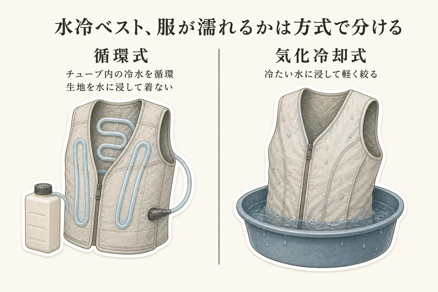 水冷ベストで服が濡れるかを方式別に比較した図。循環式はタンクとベスト内のチューブに冷水を循環させ、生地を水に浸して着ない。気化冷却式はベストを冷たい水に浸して軽く絞り、水を含ませて着用する