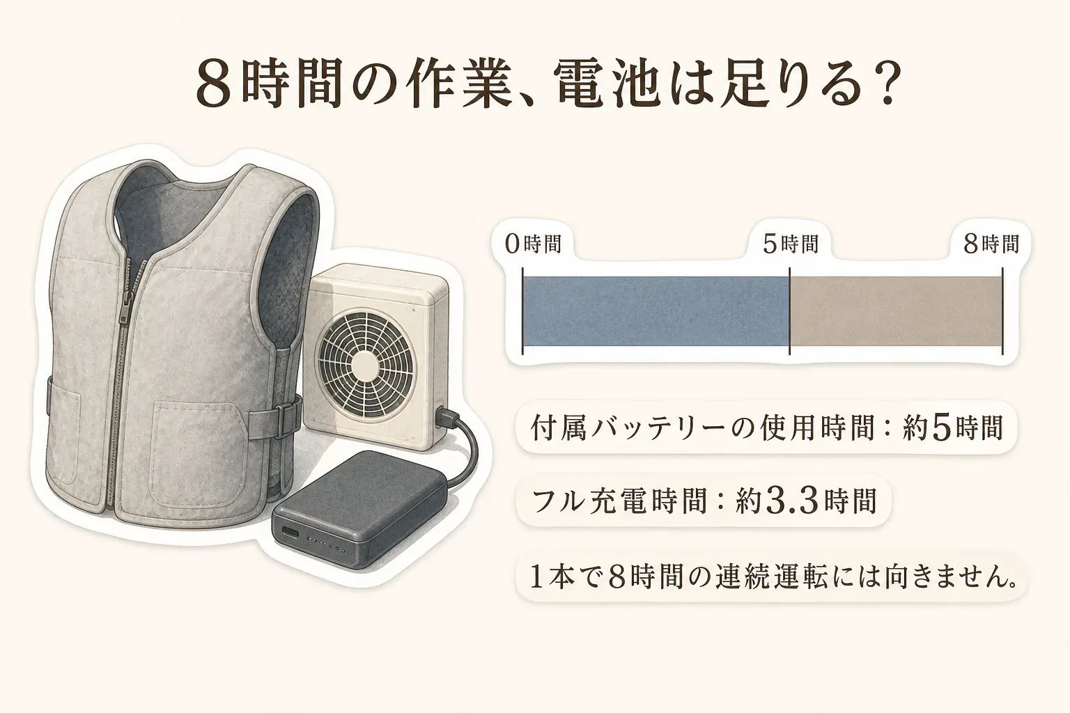 作業用ウェアラブルクーラーの付属バッテリーは約5時間使用でき、フル充電には約3.3時間かかるため、1本で8時間の連続運転には向かないことを示す図（出典：シグマックス公式Shop 楽天市場店の商品説明）